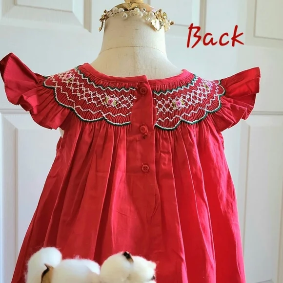 Red Bishop Angel Sleeves Baby Girl Dress. Girls Smocked Bishop Birthday Dress - Picture 6 of 9